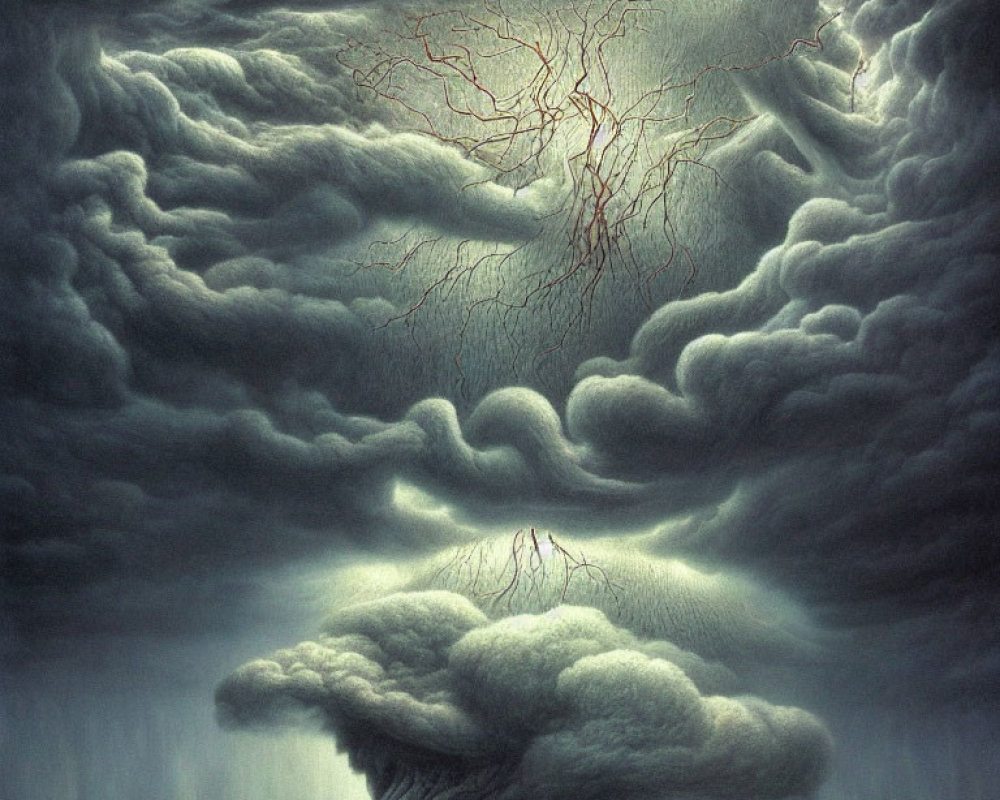 Surreal painting of tree in storm clouds and mushroom cloud