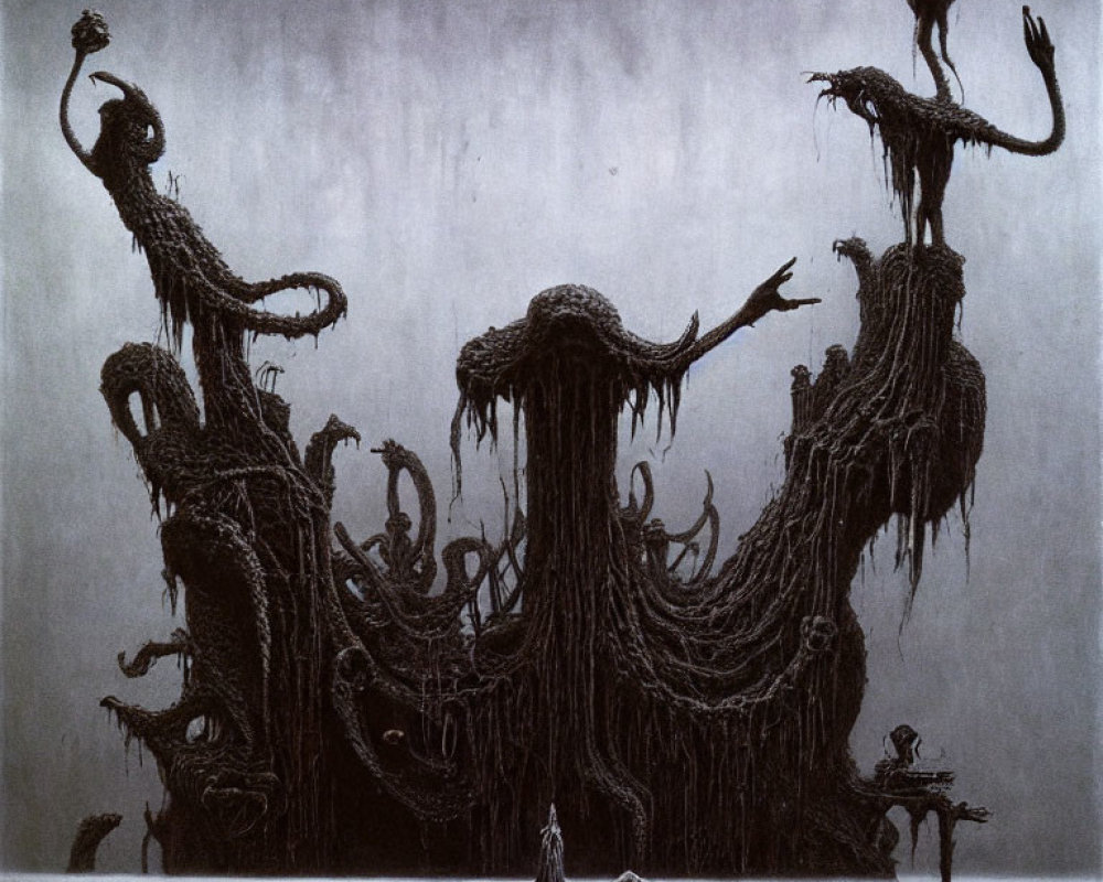 Monochromatic surreal artwork: twisted trees, elongated figures