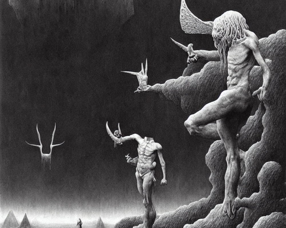 Surreal black and white illustration of grotesque humanoid creatures in desolate landscape