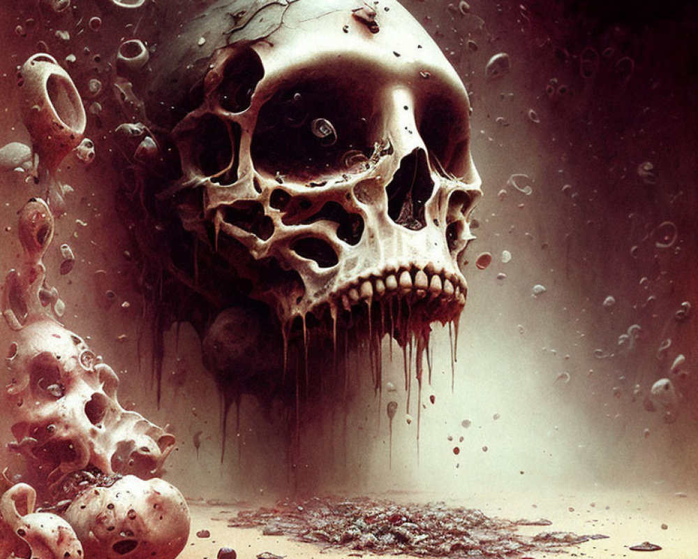 Surreal skull surrounded by smaller skulls and bubbles in sepia-toned mist