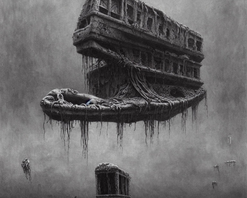 Monochrome artwork of levitating decrepit building with hanging roots and floating objects