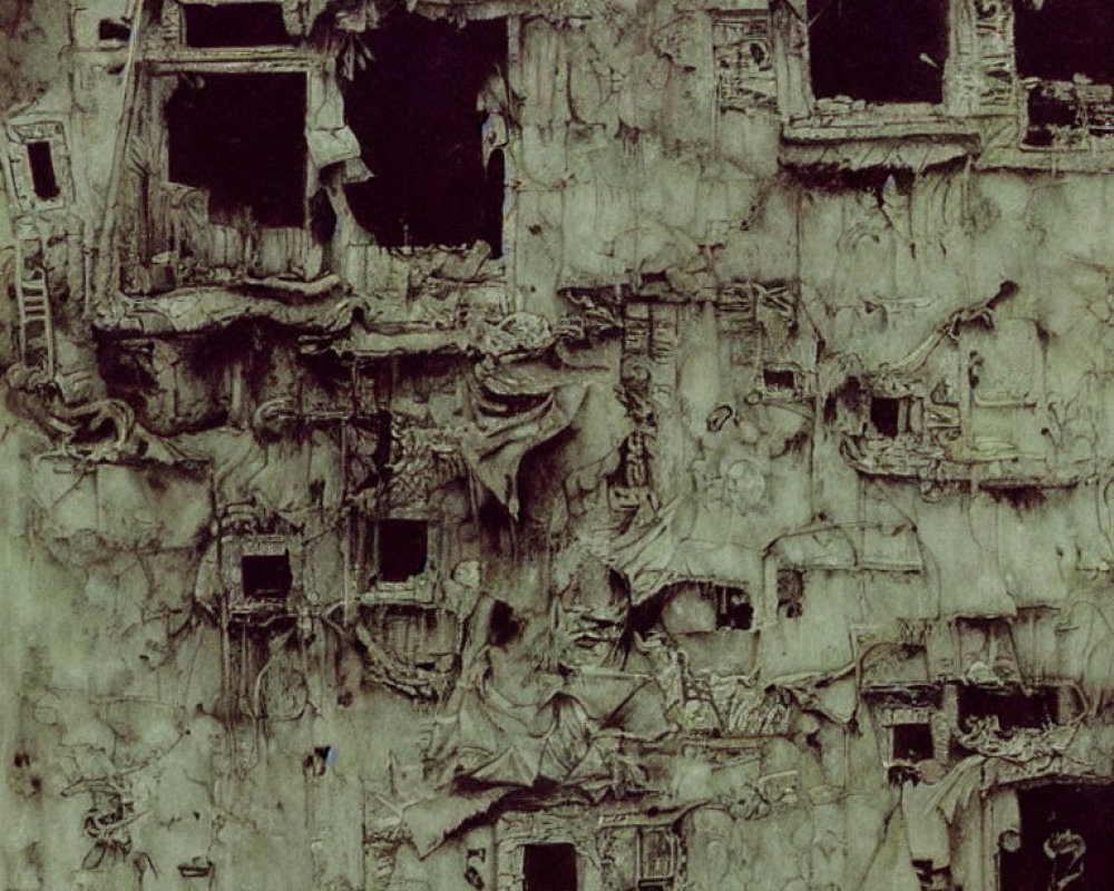 Decaying building facade with broken windows and textured walls