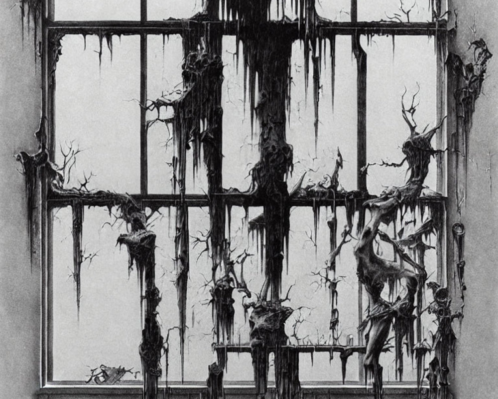 Monochrome artwork of window with dark, drippy textures