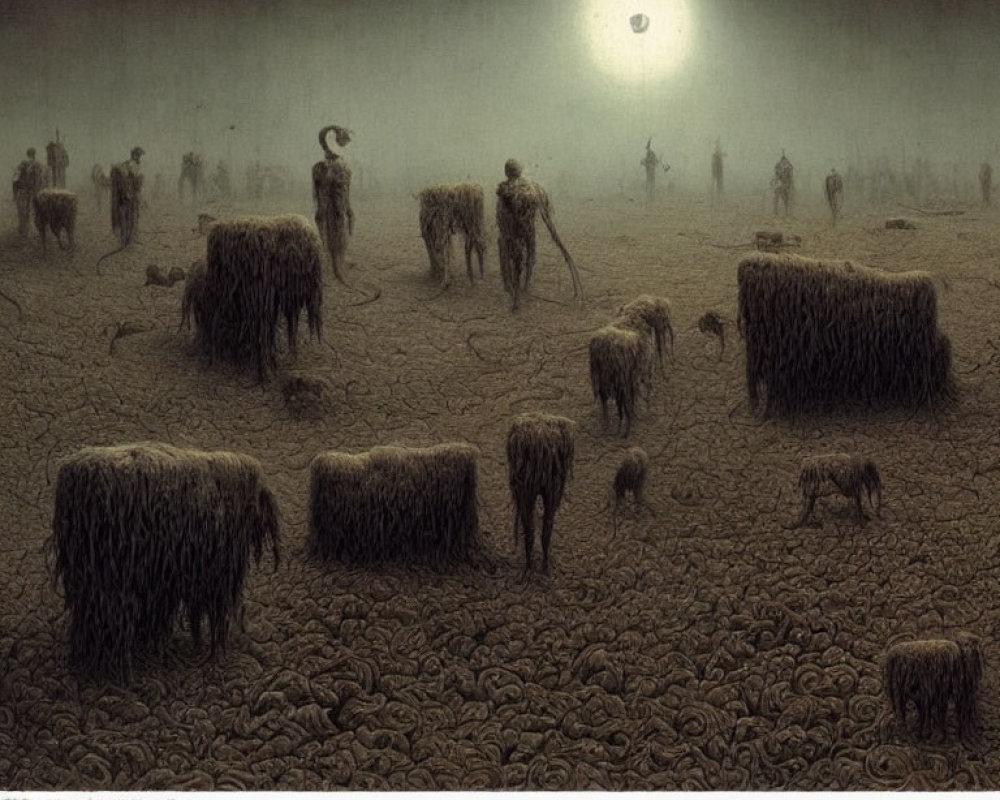 Surreal artwork: Human-like figures with animal features caring for sheep-like creatures under a hazy