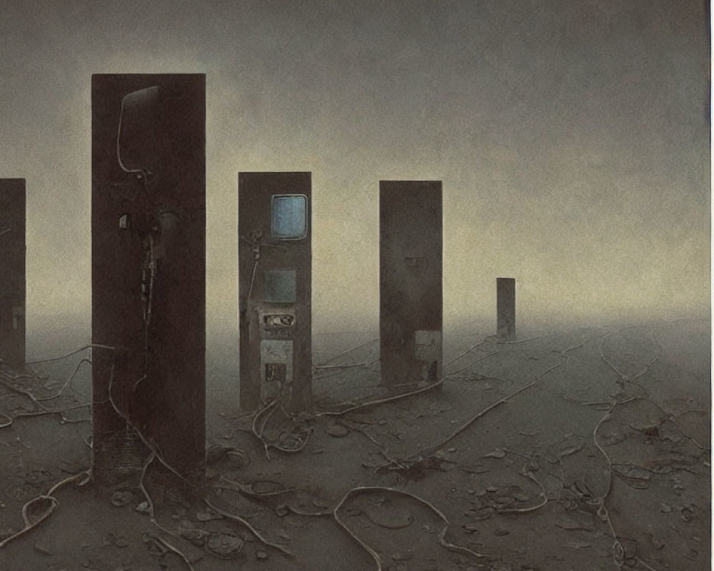 Desolate landscape with abandoned payphones in eerie setting