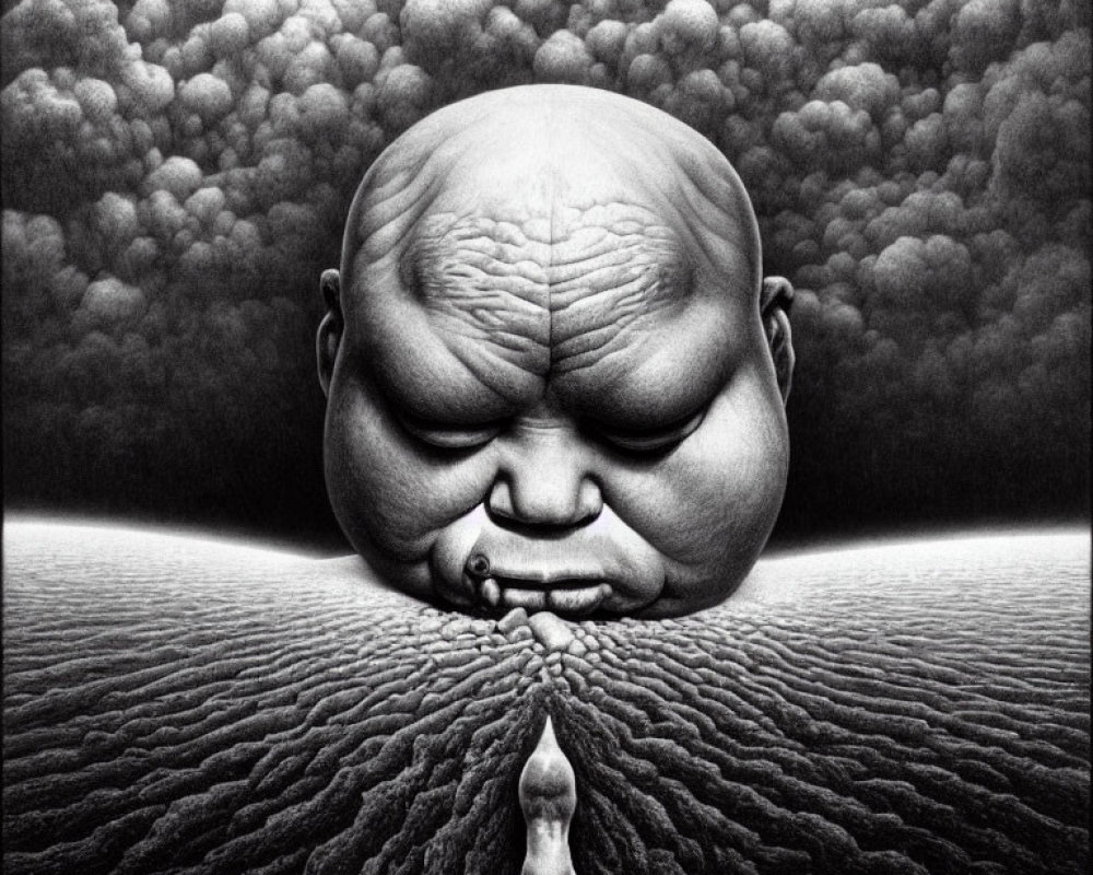 Surreal black and white drawing of giant baby head emerging from sea