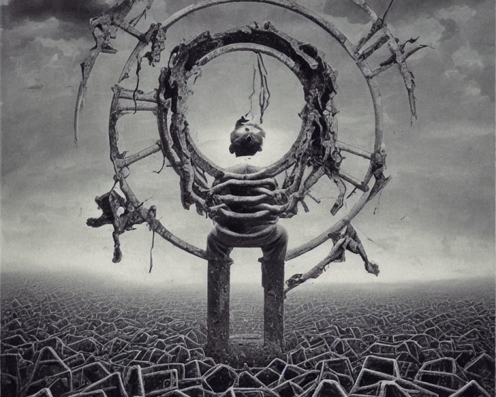 Monochrome surreal artwork: cracked landscape, central structure, round frame, suspended figure