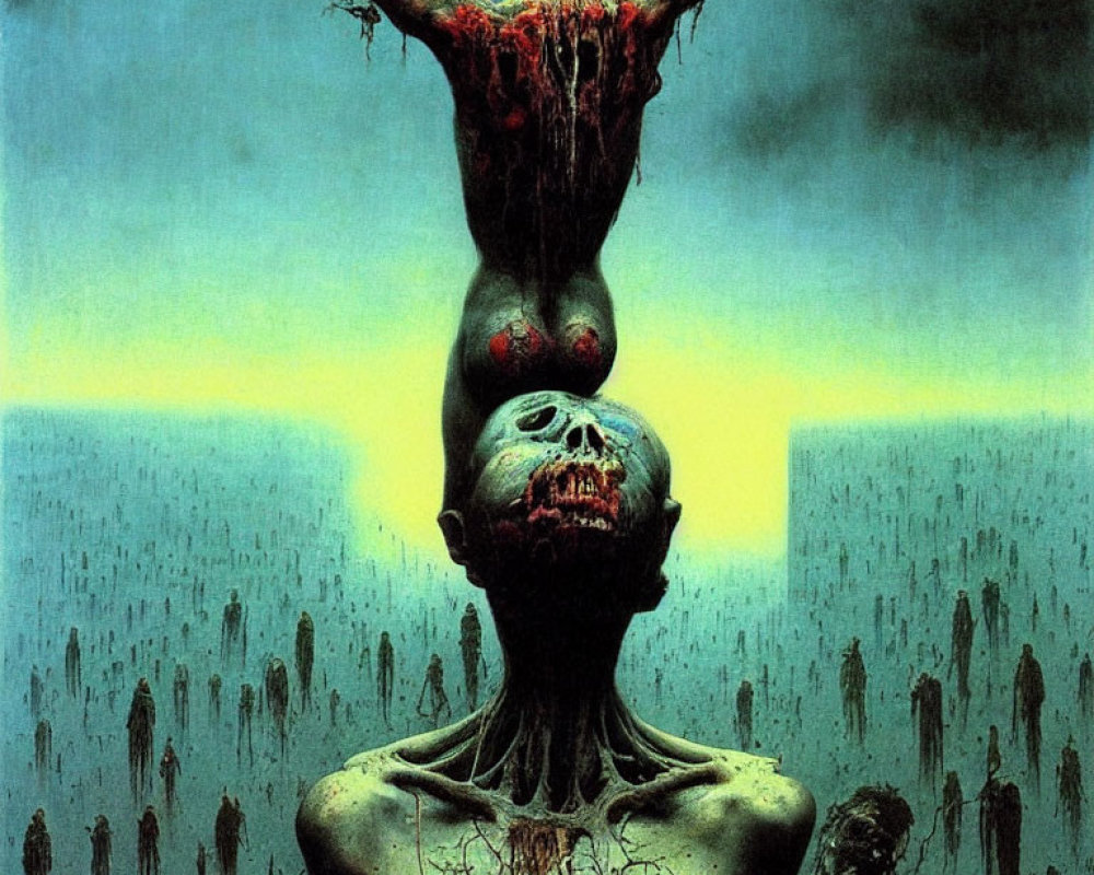 Surreal macabre image: two humanoid figures, one upside down, with zombie-like creatures