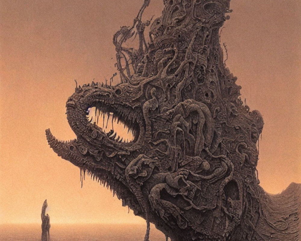 Surreal landscape featuring towering monster with multiple mouths