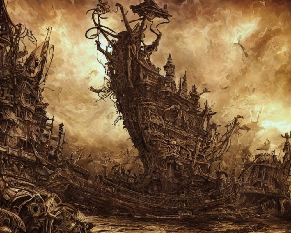 Sepia-toned illustration of a decrepit shipwreck in turbulent waters