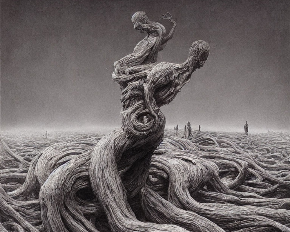 Monochrome drawing of twisted tree with human figures interwoven in trunk and roots