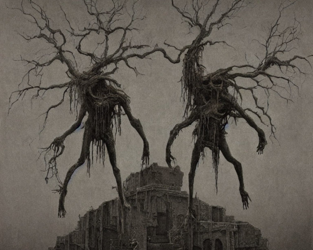 Symmetrical surreal artwork with gnarled trees and ancient building against moody background