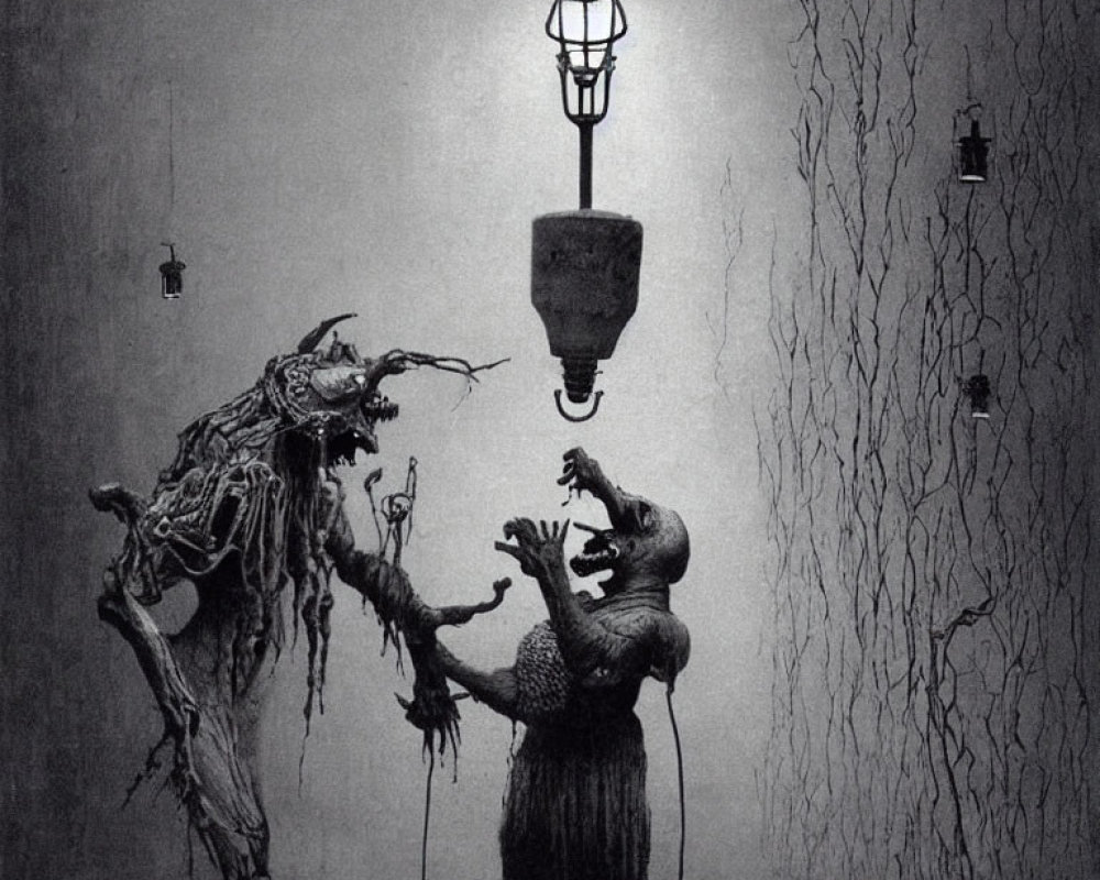 Monochromatic surreal artwork: grotesque figures, hanging from microphone, eerie branches, isolated lanterns