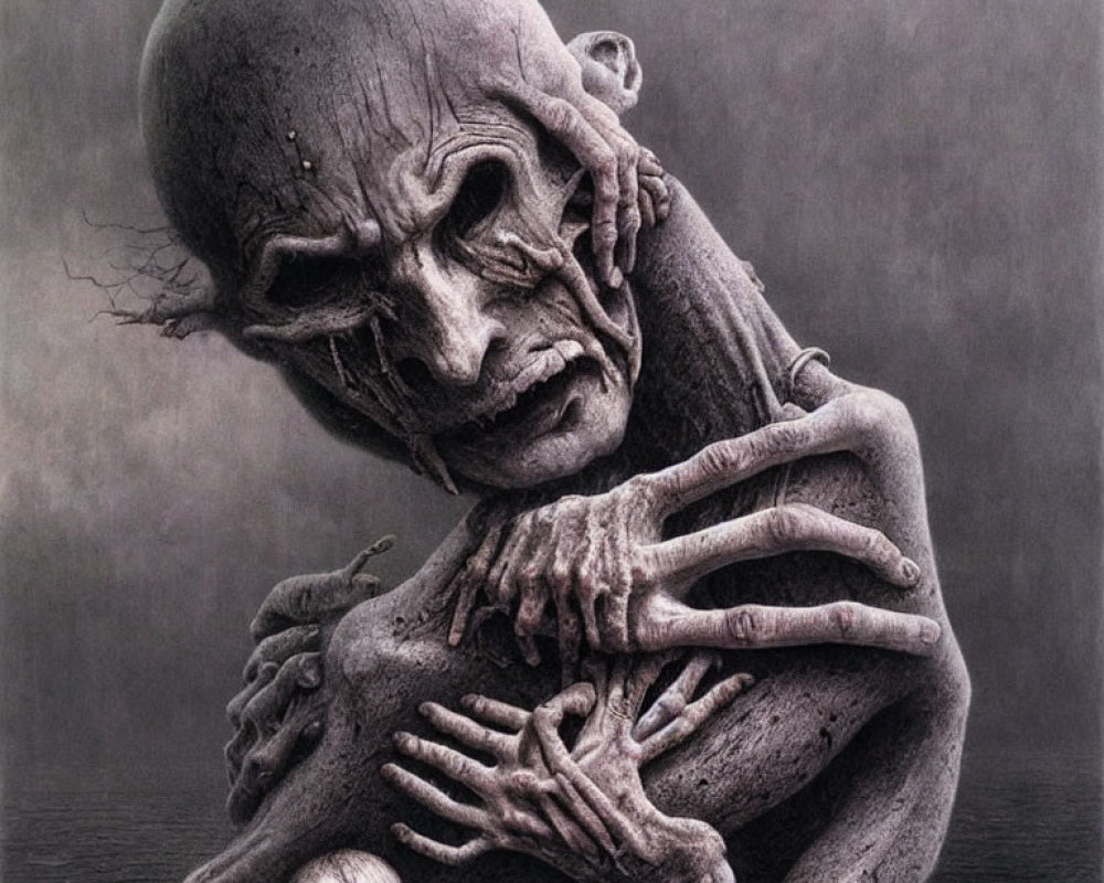 Graphite drawing of skeletal figure cradling infant with exaggerated features