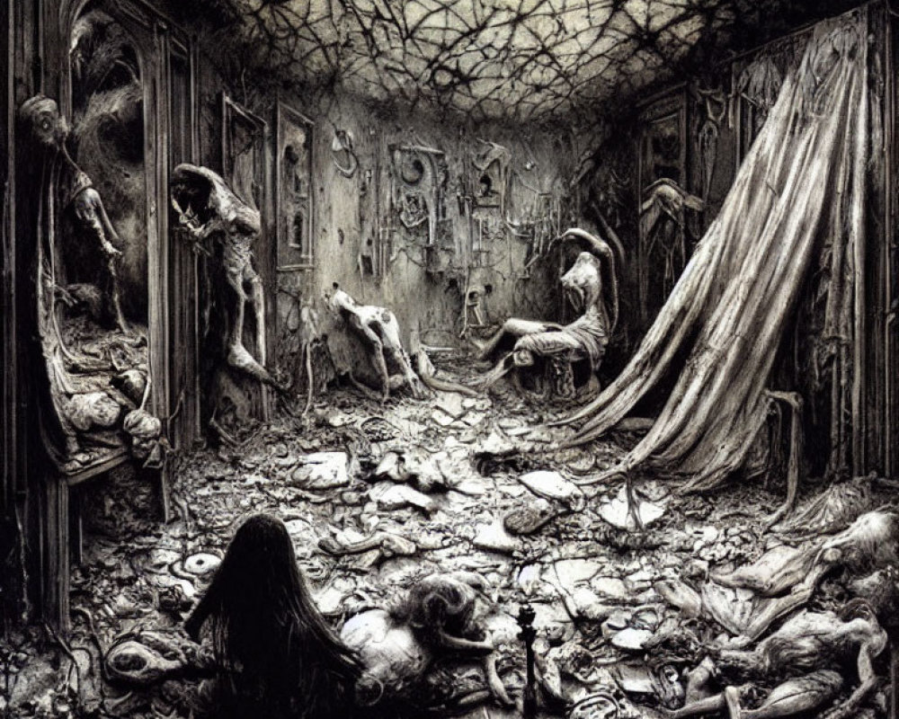 Grim Artwork: Decrepit Hallway with Grotesque Figures