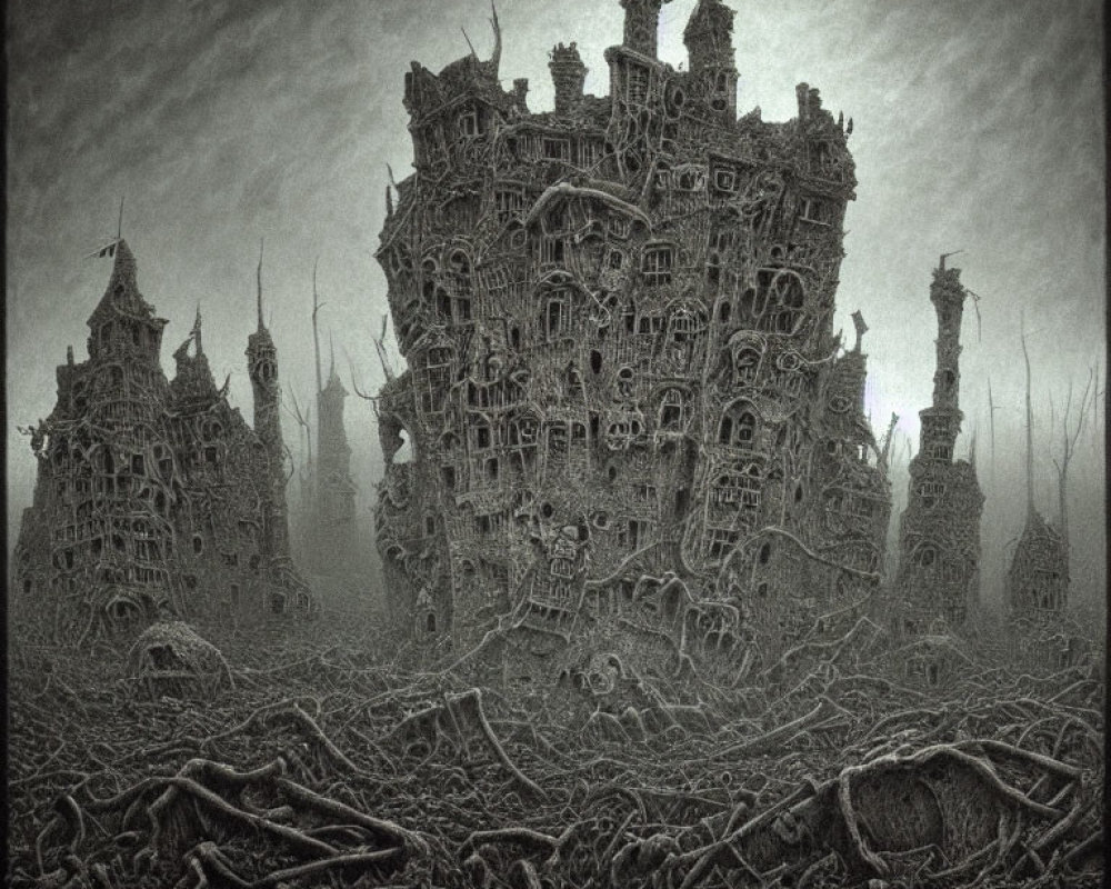 Detailed Monochrome Surreal Castle Drawing with Eerie Towers & Bone Landscape