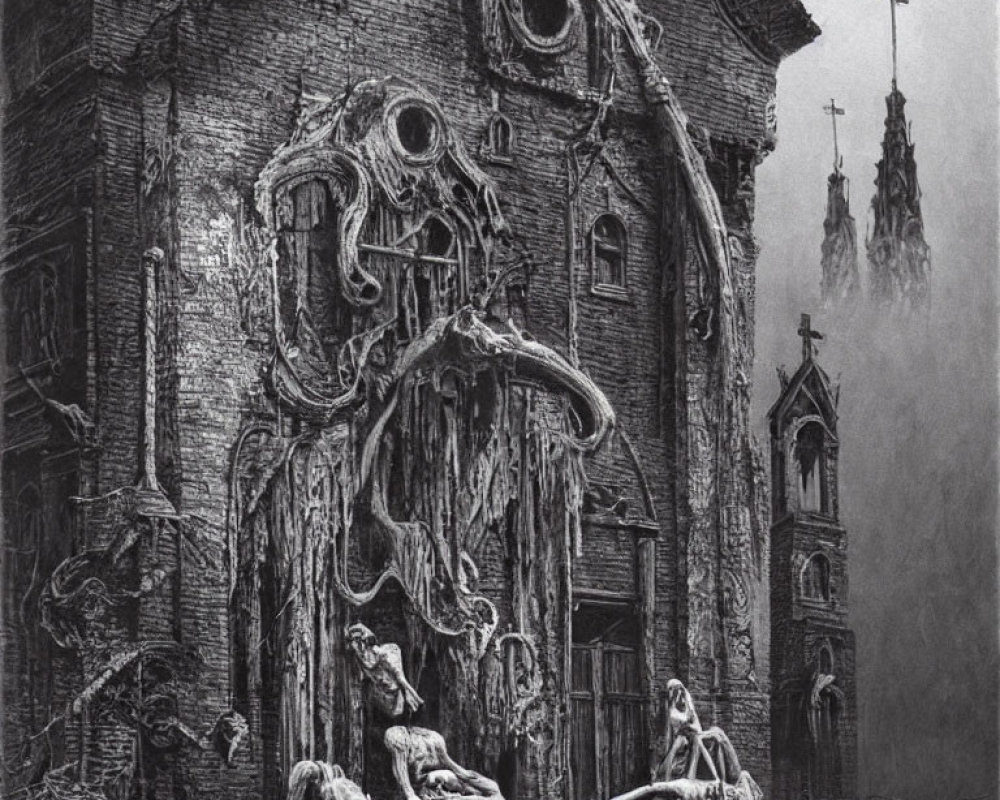 Gothic-style ruins with eerie figures in foggy landscape