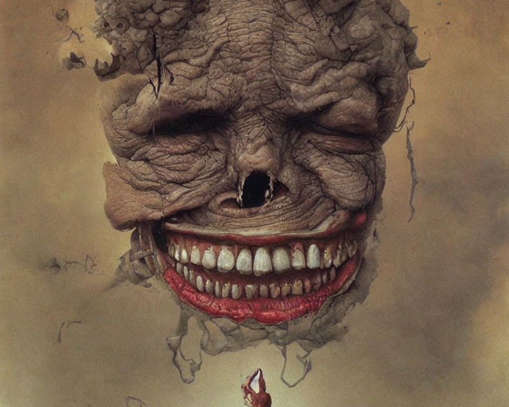 Gigantic withered face smiles in surreal sky art