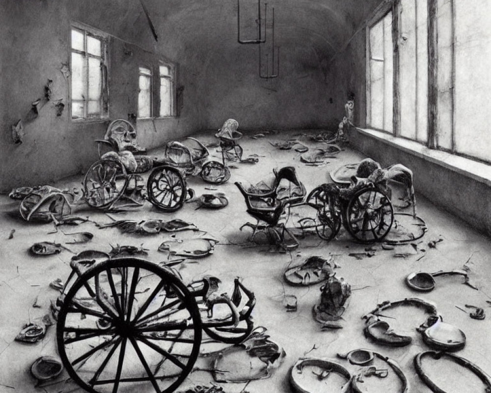 Abandoned room with scattered wheelchairs and broken clocks