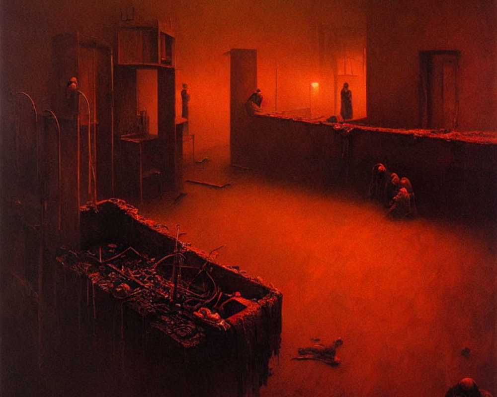 Eerie red-lit room with fog, hospital beds, and shadowy figures