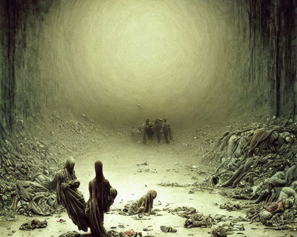 Apocalyptic scene with robed figures in dimly lit tunnel