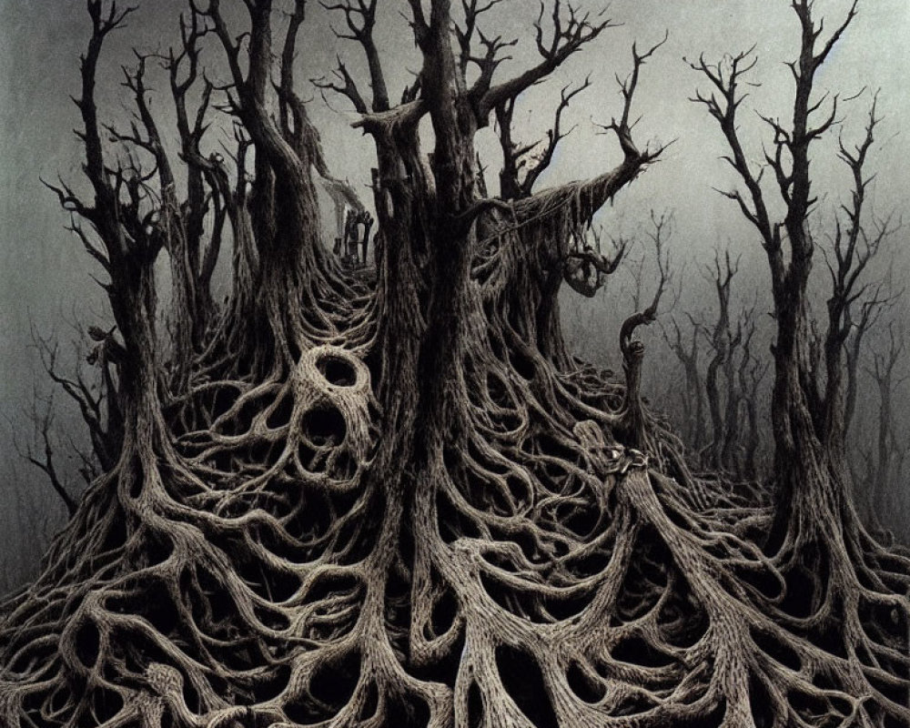 Monochromatic surreal illustration of twisted trees against dark background