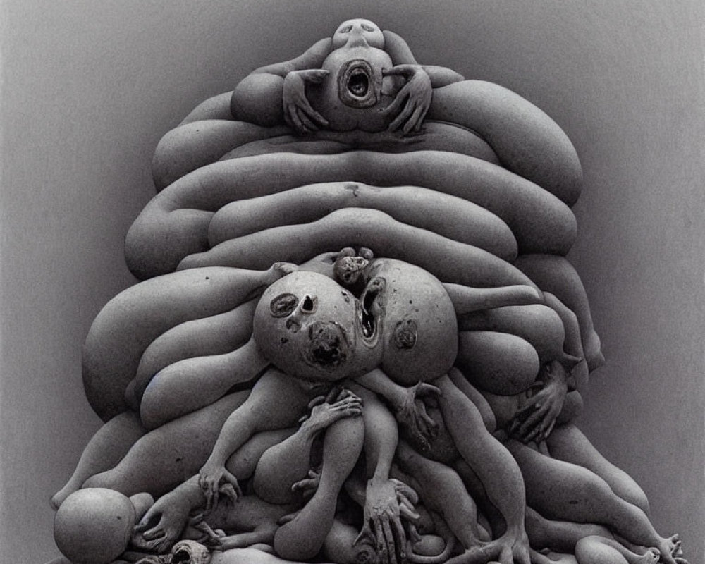 Surreal black-and-white artwork of intertwined humanoid figures