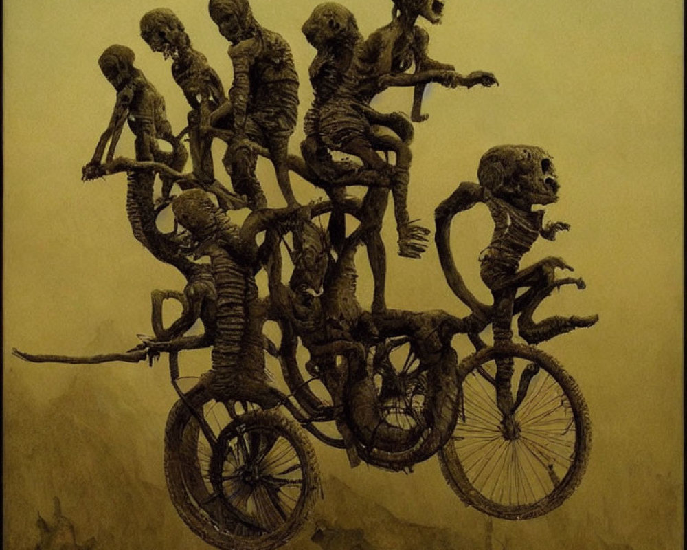 Surreal illustration: Seven skeletal figures riding a bike in whimsical style