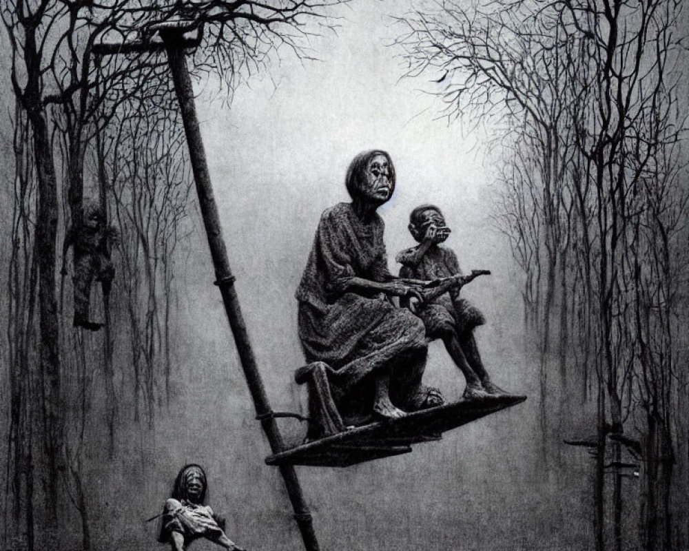 Surreal grayscale artwork of haggard woman on swing under barren tree