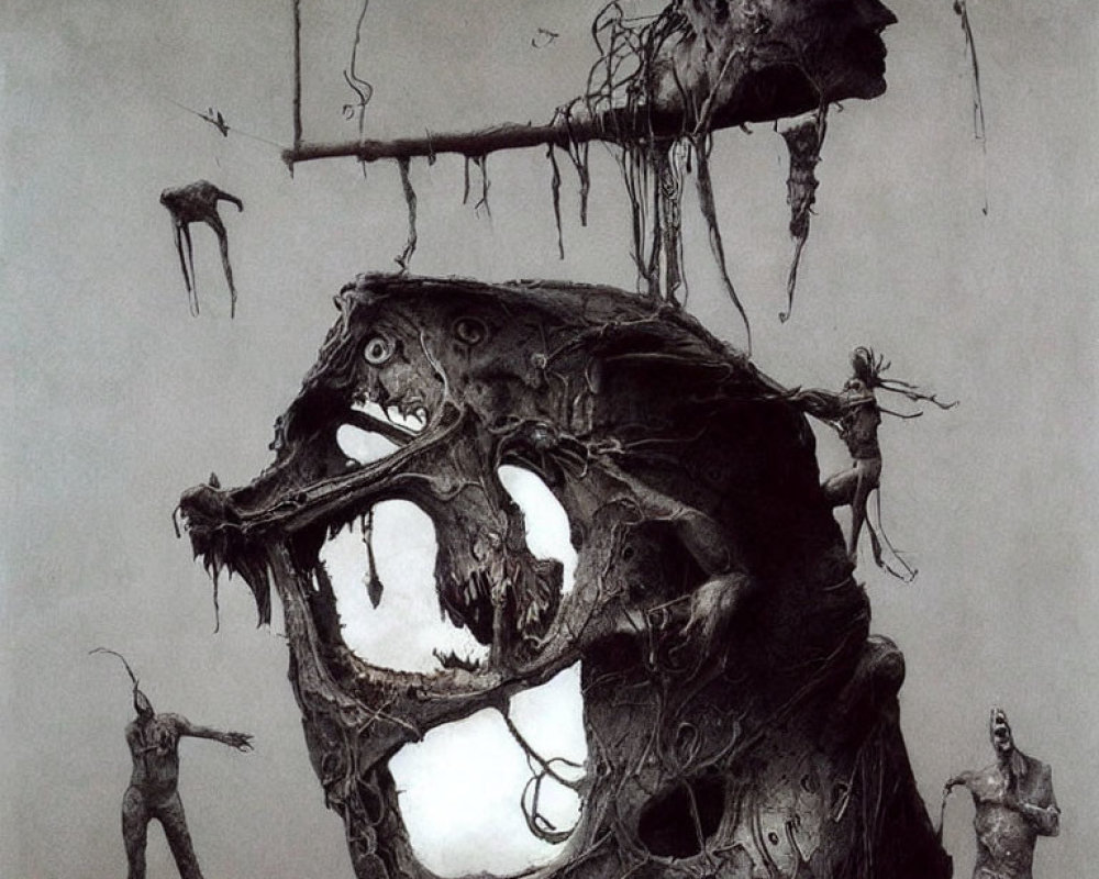 Surreal dark artwork with grotesque head and figures evoking horror