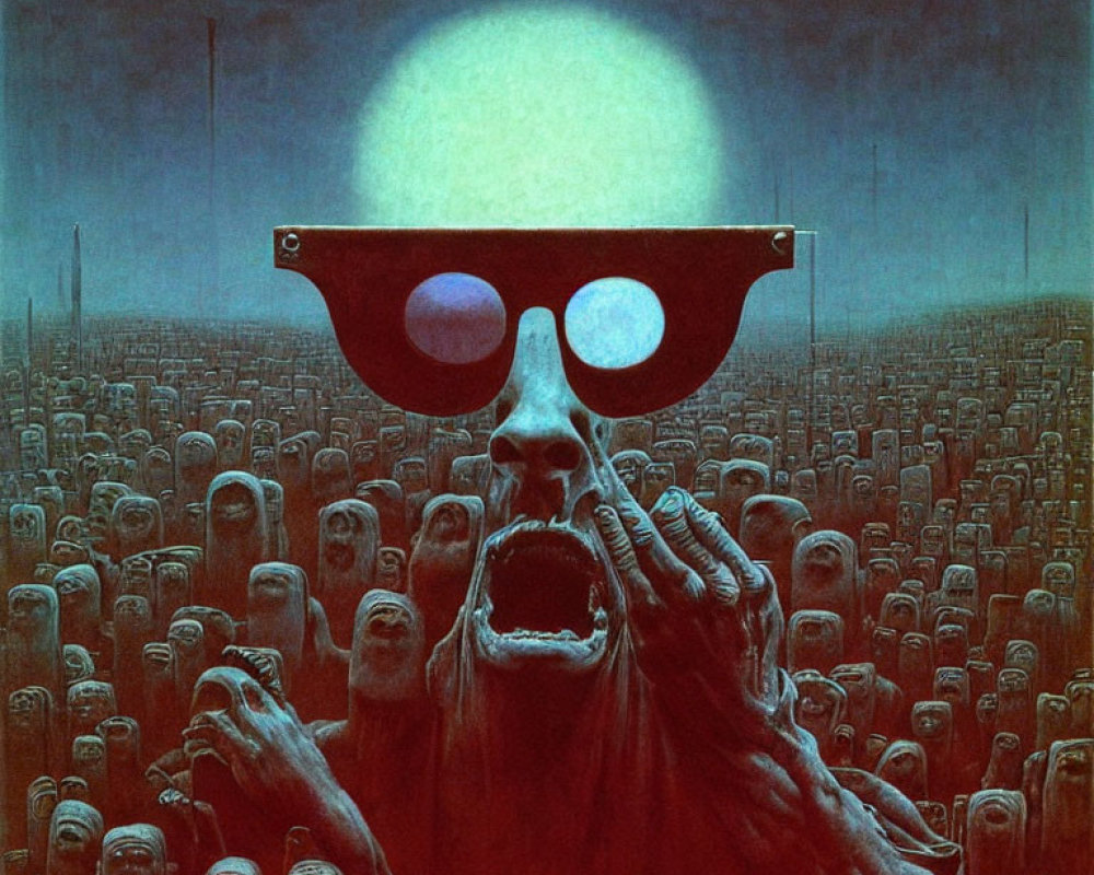 Surreal illustration of large figure with glowing orb and faceless crowd