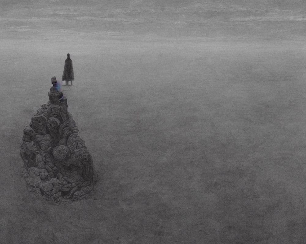 Solitary figure on barren landscape with rock pile and bottle under overcast sky