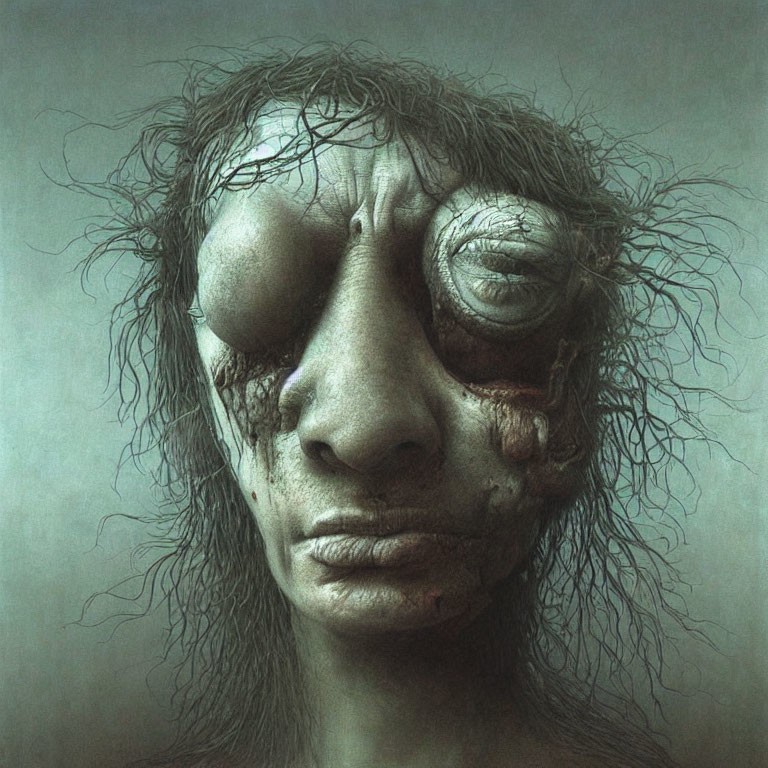 Surreal artwork of distorted face with enlarged eye