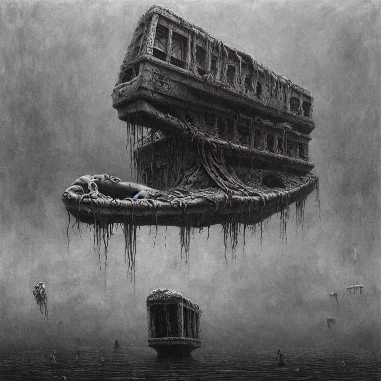 Monochrome artwork of levitating decrepit building with hanging roots and floating objects