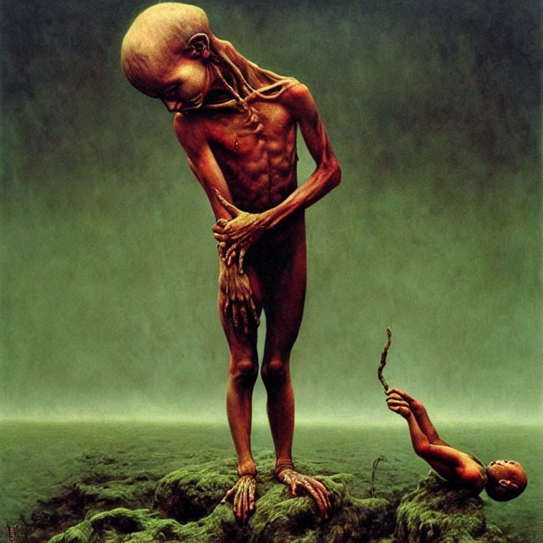 Surreal artwork: Skinny alien creature with oversized head gazes at severed human head