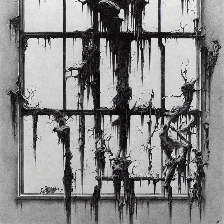 Monochrome artwork of window with dark, drippy textures