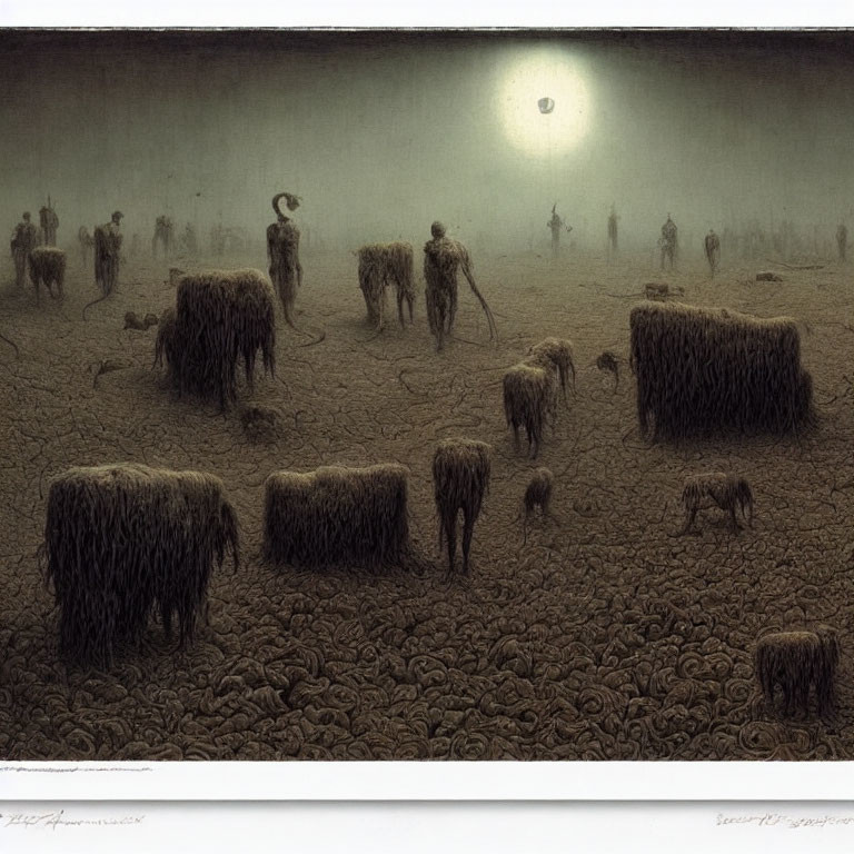 Surreal artwork: Human-like figures with animal features caring for sheep-like creatures under a hazy