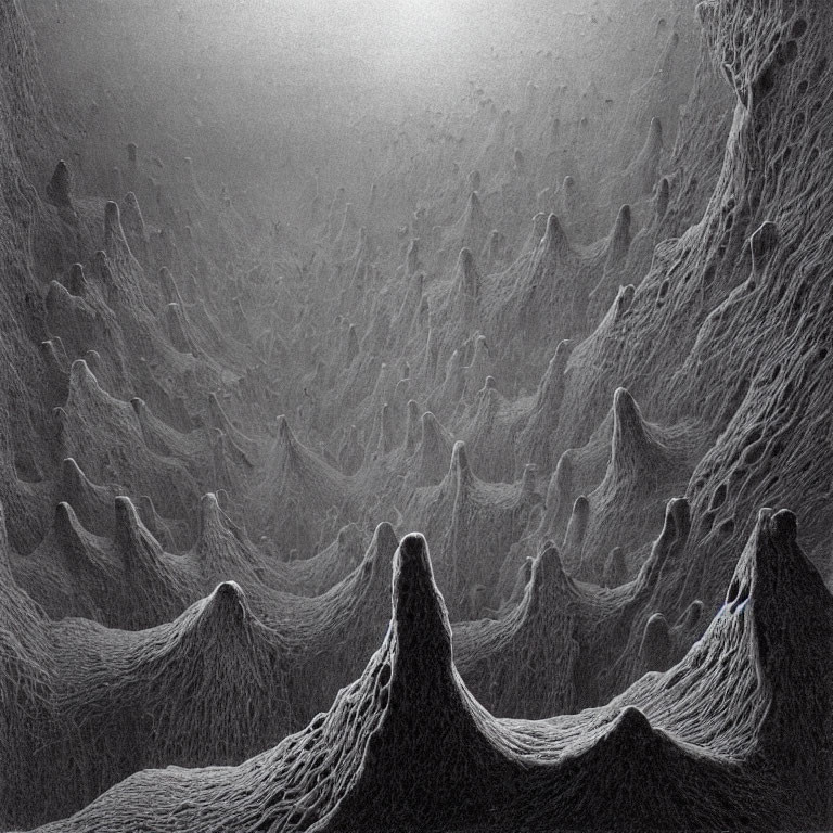 Detailed Monochrome Microscopic Landscape with Alien Terrain and Intricate Textures