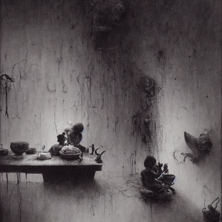 Monochrome image of eerie room with childlike figure and table