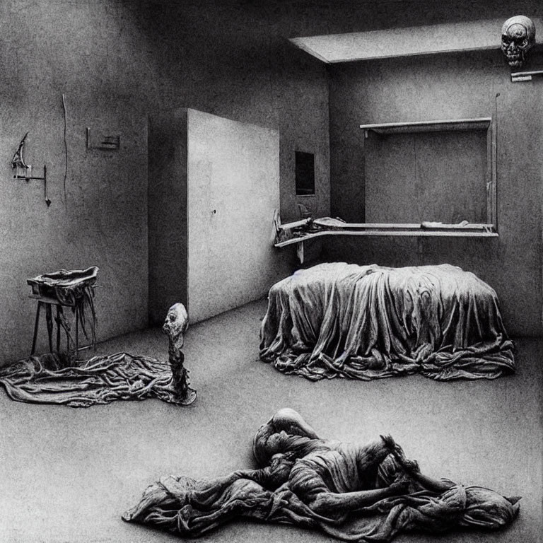 Surreal grayscale room with distorted figures & draped objects