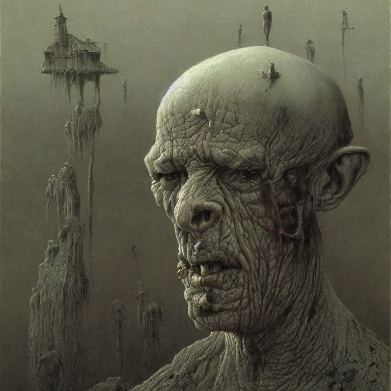 Dark dystopian landscape with giant bald head and grimace