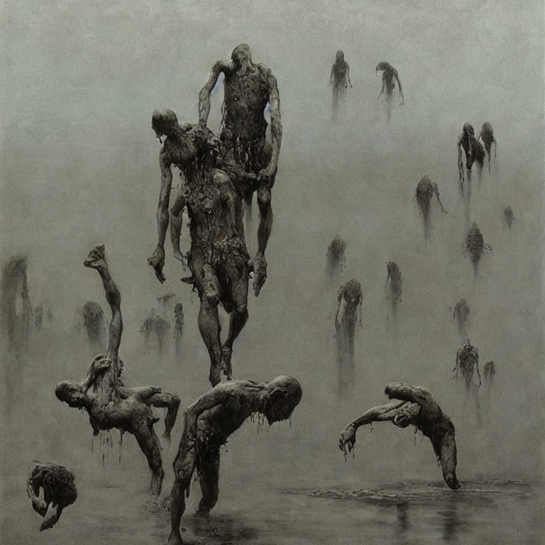 Surreal humanoid figures in misty backdrop with monochromatic colors