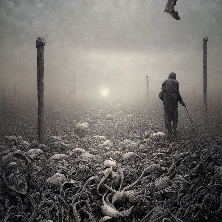 Elderly figure in desolate landscape with intertwined snakes and lone bird