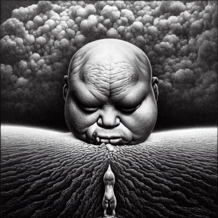 Surreal black and white drawing of giant baby head emerging from sea