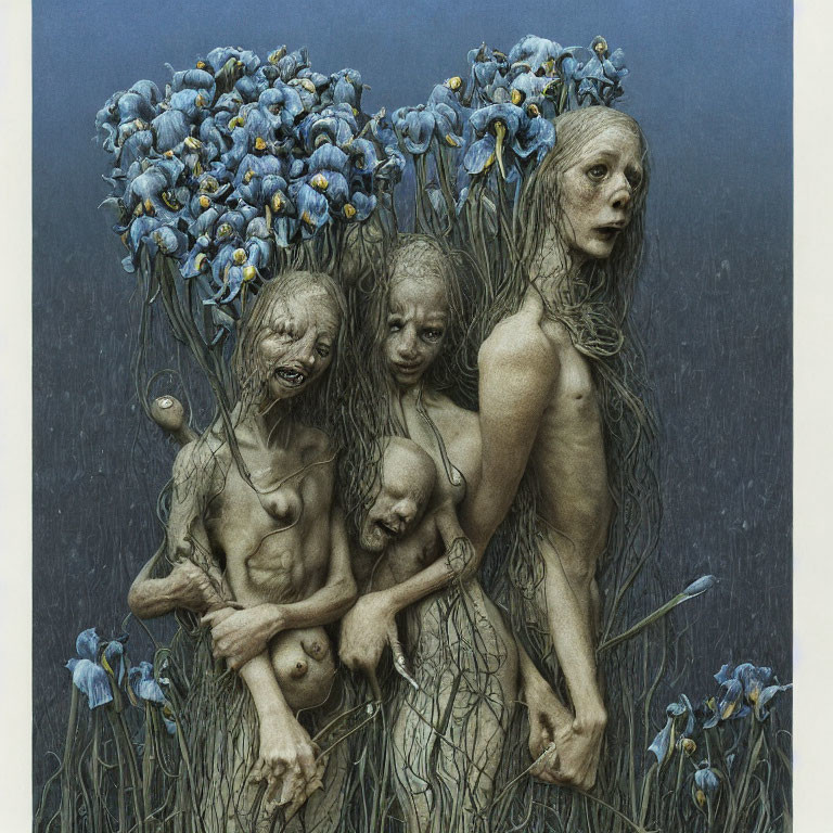 Three humanoid figures with blue flowers on blue background