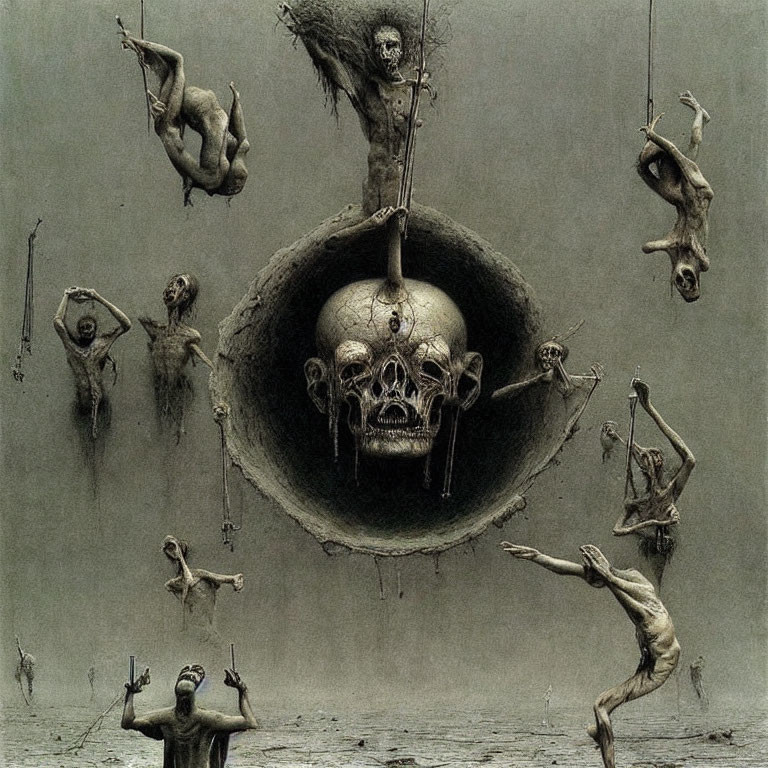 Surreal artwork of skull in circular pit with emaciated figures on monochrome background