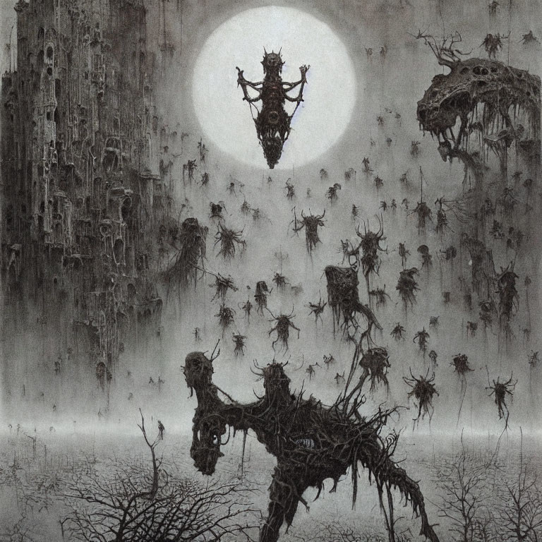 Monochromatic fantasy landscape with full moon, gothic towers, and mysterious figures.