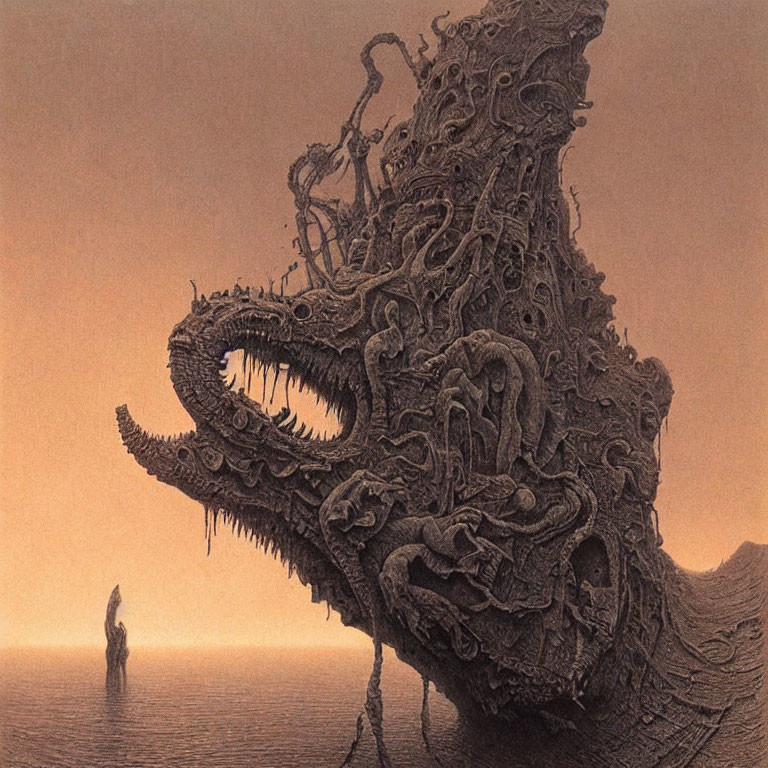 Surreal landscape featuring towering monster with multiple mouths