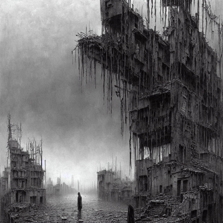 Desolate dystopian cityscape with lone figure and icicles.