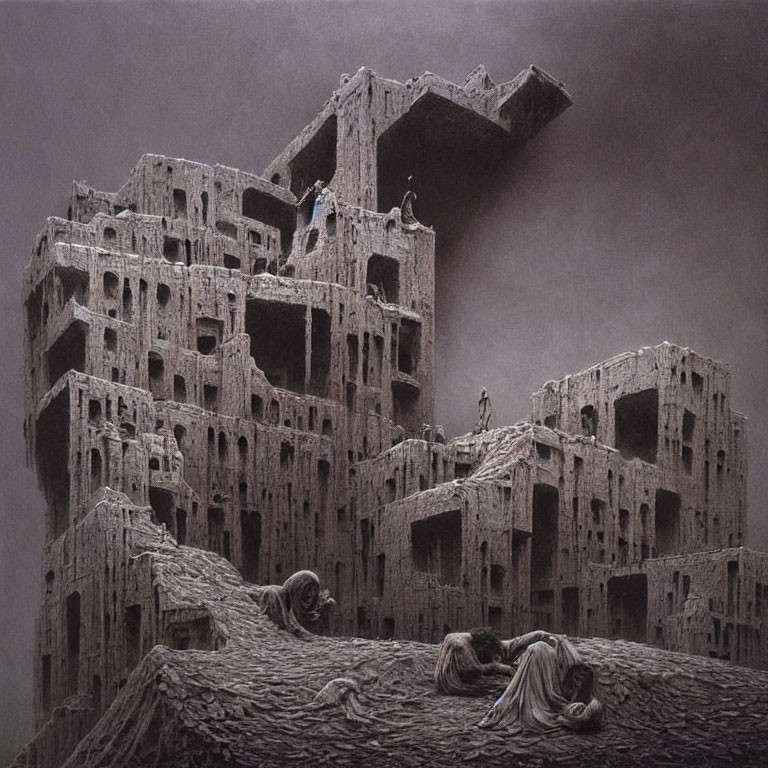 Surreal Artwork: Dilapidated Building with Impossible Architecture